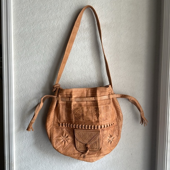 Moroccan Leather Boho Shoulder Bag Handbag Purse Carved Tooled Strap Design - Picture 3 of 6